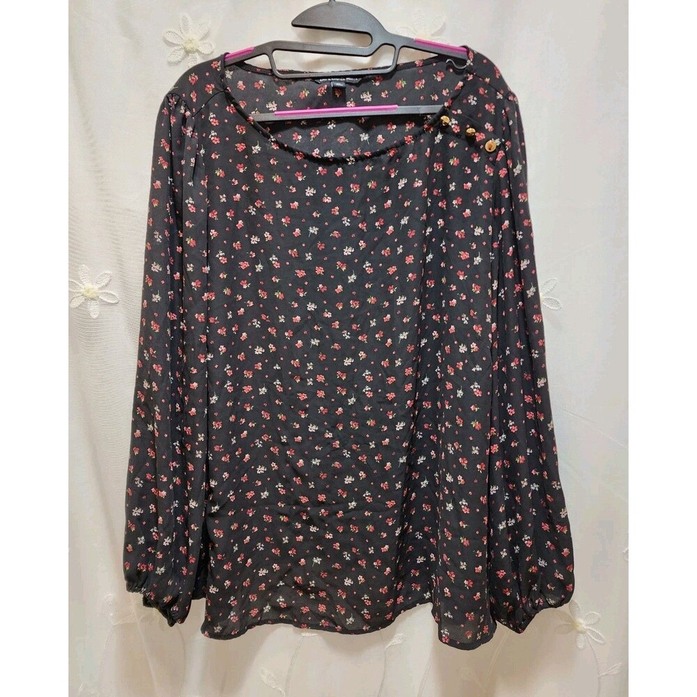ZAC & RACHEL WOMENS 3X BLACK SHEER RED FLORAL GARDEN PRINT PEASANT SLEEVE BLOUSE